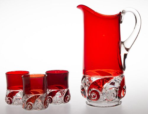 DUNCAN NO. 360 / SNAIL - RUBY-STAINED FOUR-PIECE WATER SET