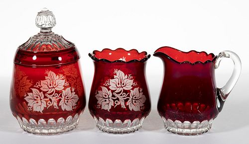 DUNCAN NO. 8 - RUBY-STAINED TABLE ARTICLES, LOT OF THREE
