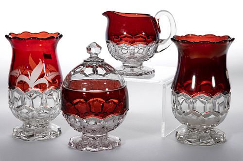 HOBBS NO. 335 / HEXAGON BLOCK - RUBY-STAINED TABLE ARTICLES, LOT OF FOUR
