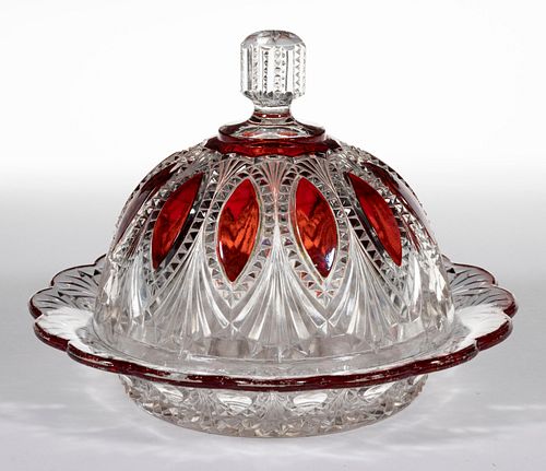 MCKEE NO. 79 / BORDERED ELLIPSE - RUBY-STAINED COVERED BUTTER DISH