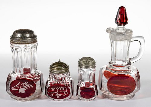 NAIL - RUBY-STAINED CONDIMENT ARTICLES, LOT OF FOUR