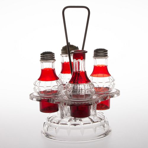 THOMPSON NO. 77 (OMN) / TRUNCATED CUBE - RUBY-STAINED FOUR-BOTTLE CONDIMENT SET