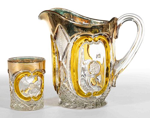 U. S. GLASS' VICTORIA - AMBER-STAINED WATER PITCHER AND TUMBLER