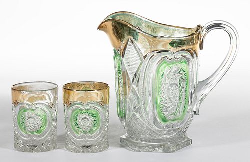 U. S. GLASS' VICTORIA VARIANT - GREEN-STAINED THREE-PIECE WATER SET