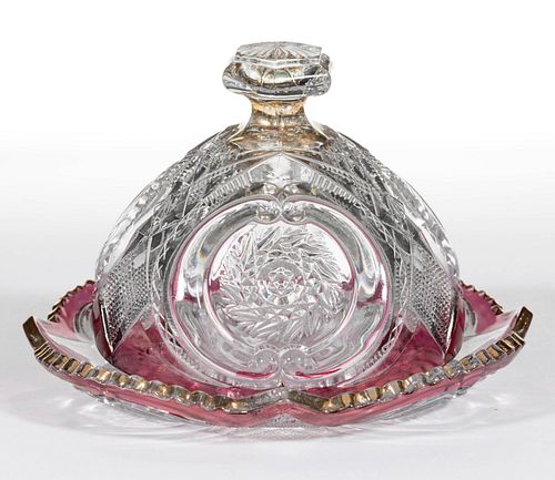 U. S. GLASS' VICTORIA VARIANT - MAIDEN'S BLUSH-STAINED COVERED BUTTER DISH.