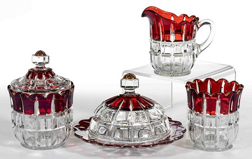 WAFFLE AND STAR BAND / VERONA (OMN) - RUBY-STAINED FOUR-PIECE TABLE SET
