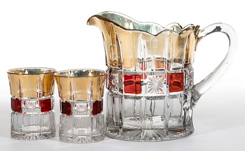 WAFFLE AND STAR BAND / VERONA (OMN) - RUBY-STAINED THREE-PIECE WATER SET