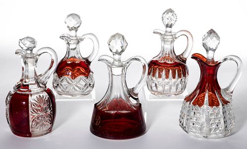 ASSORTED EAPG - RUBY-STAINED CRUETS, LOT OF FIVE