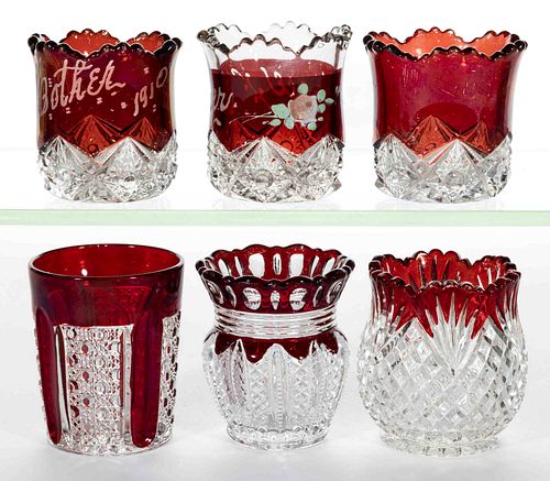 ASSORTED EAPG - RUBY-STAINED TOOTHPICK HOLDERS, LOT OF SIX