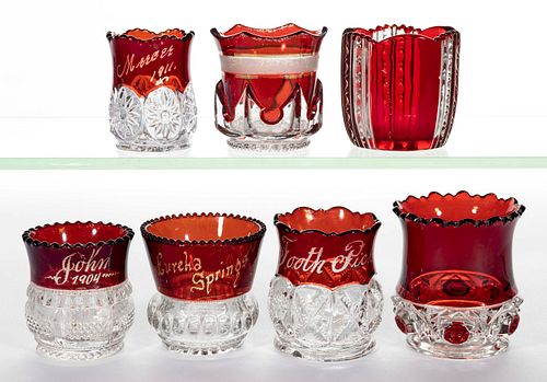 ASSORTED EAPG - RUBY-STAINED TOOTHPICK HOLDERS, LOT OF SEVEN