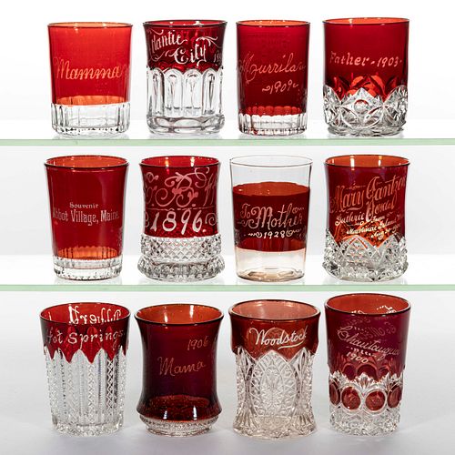 ASSORTED EAPG SOUVENIR DECORATED - RUBY-STAINED TUMBLERS, LOT OF 12