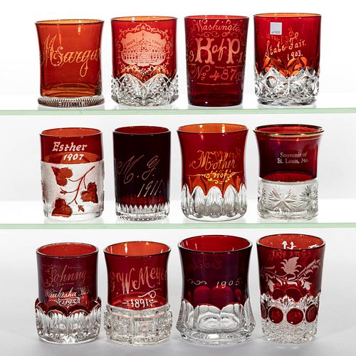 ASSORTED EAPG SOUVENIR DECORATED - RUBY-STAINED TUMBLERS, LOT OF 12