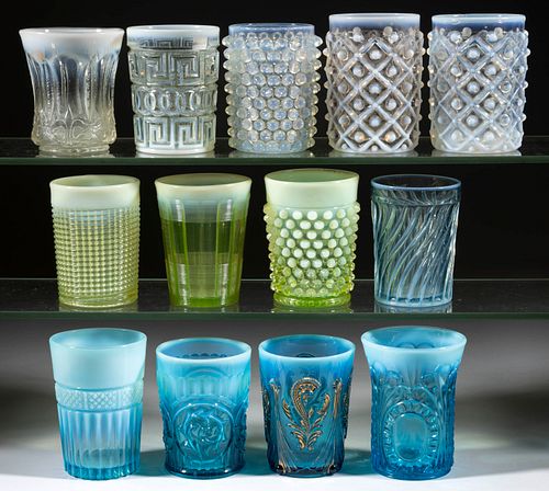 ASSORTED PRESSED OPALESCENT TUMBLERS, LOT OF 13