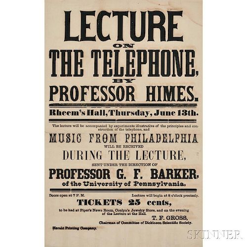 Himes, Charles Francis (1838-1918) Lecture on the Telephone, Rheem's Hall, Thursday, June 13th [1878].