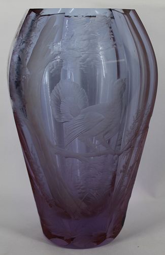 Moser Signed Etched Lavender Glass Vase.
