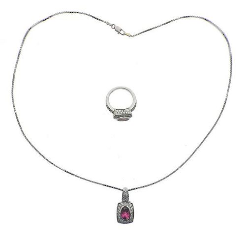 Lorenzo 18k Gold Diamond Pink Tourmaline Pendant Necklace Ring Set 