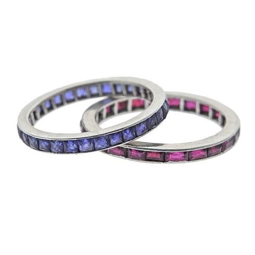 Platinum Ruby Sapphire Band Ring Lot of 2