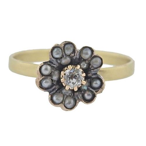 Antique Silver Gold Diamond Pearl Flower Ring