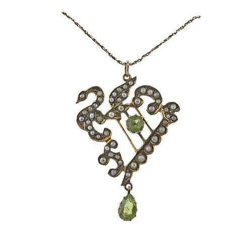 Antique 9k Gold Pearl Peridot Pendant on 14k Gold Necklace