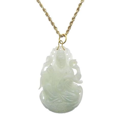 14k Gold Carved Jade Pendant Necklace
