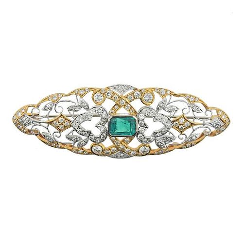 18k Two Tone Gold Diamond Emerald Brooch Pin