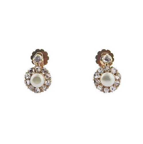 18k Gold Pearl Rose Cut Diamond Earrings