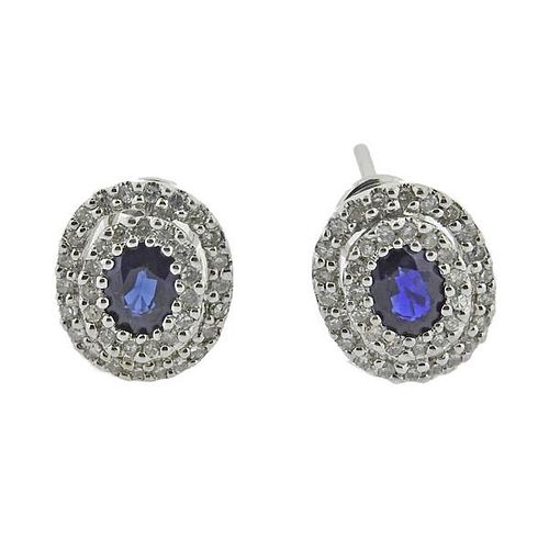 14k Gold Diamond Sapphire Small Oval Earrings