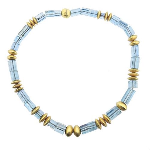 18k Gold Aquamarine Crystal Beaded Necklace 