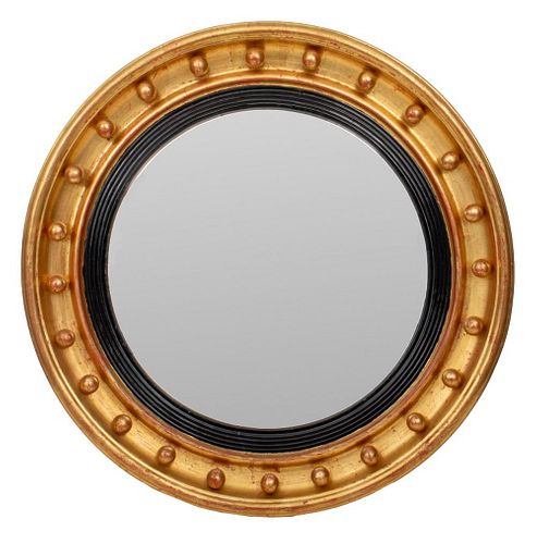 British Regency Ebonized & Gilt Wood Convex Mirror