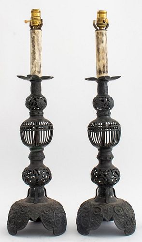 Chinese Bronze Cage Form Altar Candlestick-Lamps