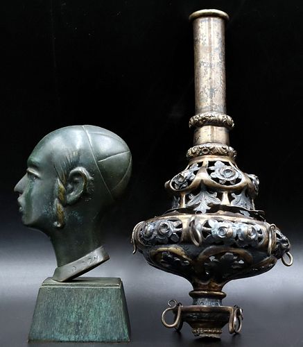 JUDAICA. Silver Shabbos Lamp and a Bronze Bust.