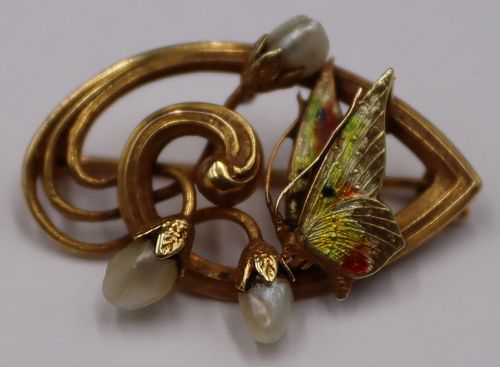 JEWELRY. Art Nouveau 14kt Gold, Enamel and Pearl