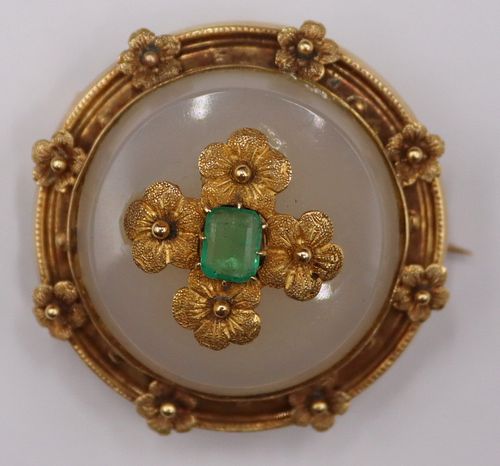JEWELRY. Etruscan Revival 14kr Gold and Emerald