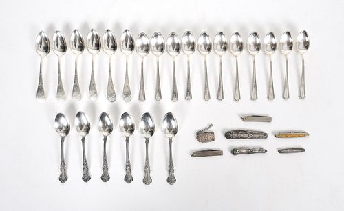 Group of Silver Spoons and Pocket Knives