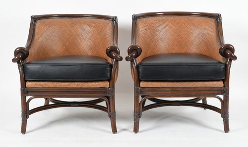 Pair of Faux Bamboo and Rattan Bergeres