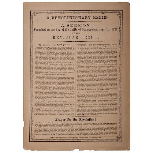 A Revolutionary Relic Broadside, A Sermon Preached on the Eve of the Battle of Brandywine, September 1777, by Reverend Joab Trout
