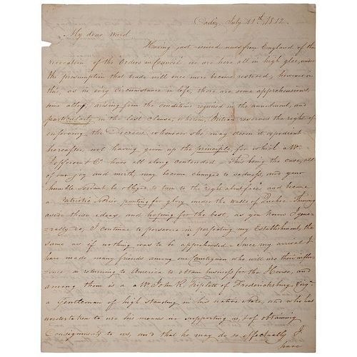 War of 1812-Period Letter from Cadiz, Spain to Henry Ward of Wall Street, NY, Referencing Embargoes