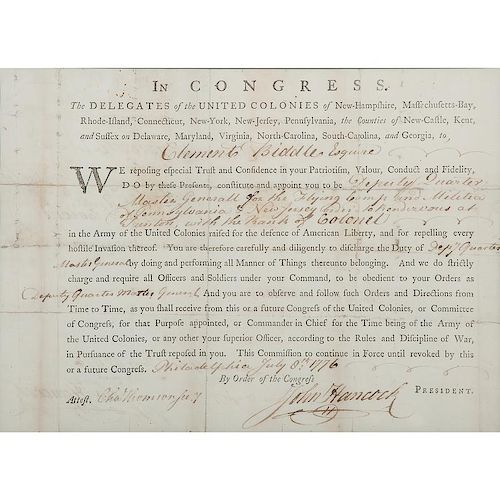 John Hancock Signed Commission Appointing Clement Biddle an Officer in the Continental Army, July 8, 1776