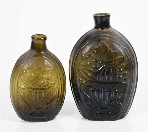 Two Historical Olive Green Blown Glass Flasks