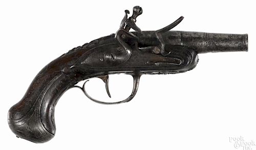 European flintlock screw barrel muff pistol, approximately .40 caliber