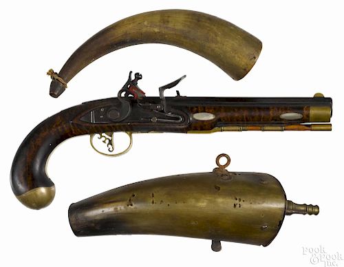 Contemporary flintlock pistol, approximately .45 caliber, with a curly maple stock, silver inlays