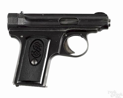 J.P. Sauer semi-automatic pistol, 6.35 mm, with plastic grips and a 2 1/2'' barrel. Serial #43201.