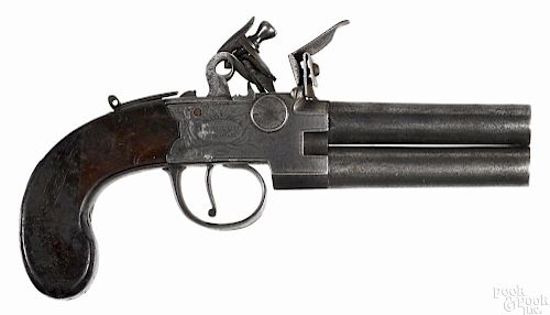 British double barrel Utting flintlock pistol, approximately .45 caliber, with 3'' screw barrels.