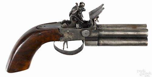 Belgian four-barrel flintlock pistol, approximately .41 caliber, inscribed Bolton and London