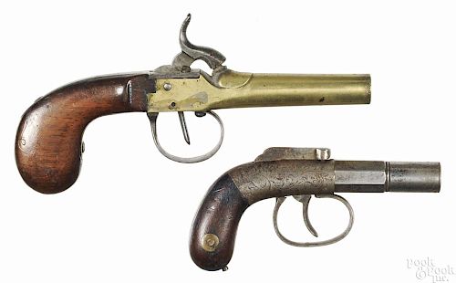 Two percussion pistols, to include a bar hammer Bacon, .30 caliber, with a 2'' barrel