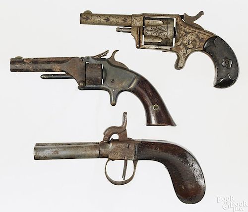 Three antique pistols, to include a Smith & Wesson No. 1, .22 caliber, with a 3'' octagonal barrel
