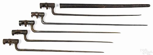 Five socket bayonets, to include three US Trapdoor, a US model 1855, and one unidentified