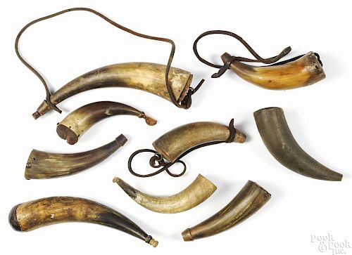Nine powder horns, 19th/early 20th c., largest - 10 1/2''.