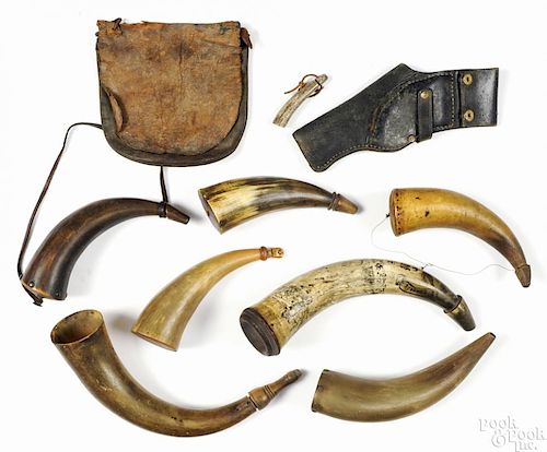 Seven powder horns, 19th/early 20th c., one with remains of ink decoration, largest - 13''.