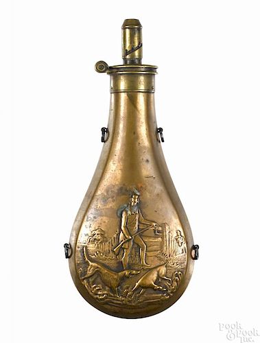James Dixon & Sons embossed copper powder flask, mid 19th c., with a scene of a hunter